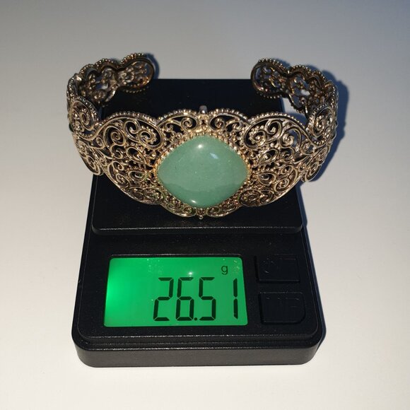 Vintage 1950s Chinese Export Green Jade Sterling Gold Vermeil Filigree Bracelet - Picture 10 of 13